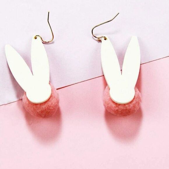 Pink Glitter Pom Pom Bunny Ear Earrings - Picture 10 of 11